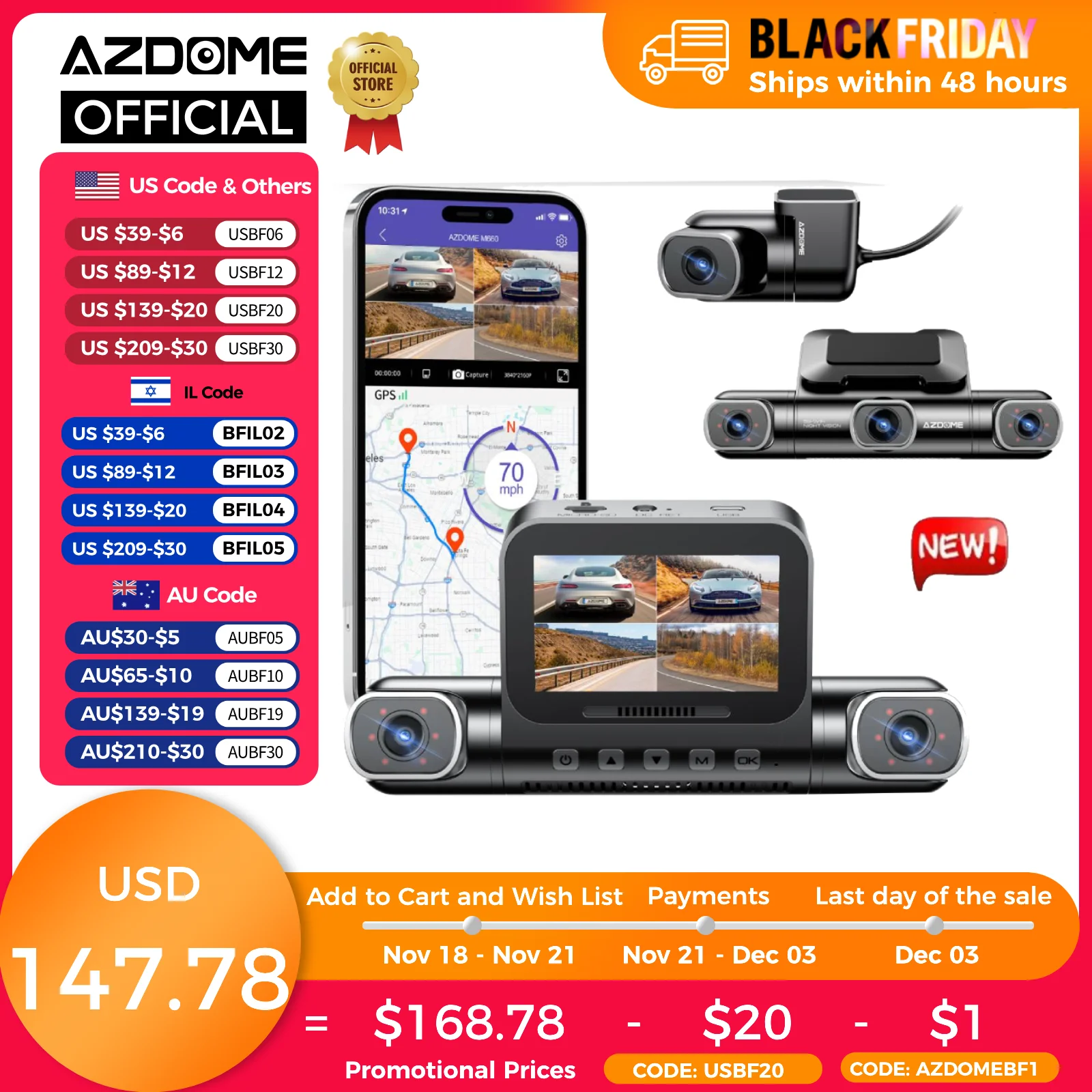 AZDOME Dash Cam M660 2K+3*1080P 4CH Car DVR GPS 5G Wifi Built-in 128GB eMMC Voice Control 24H Parking Monitor Super Night Vision