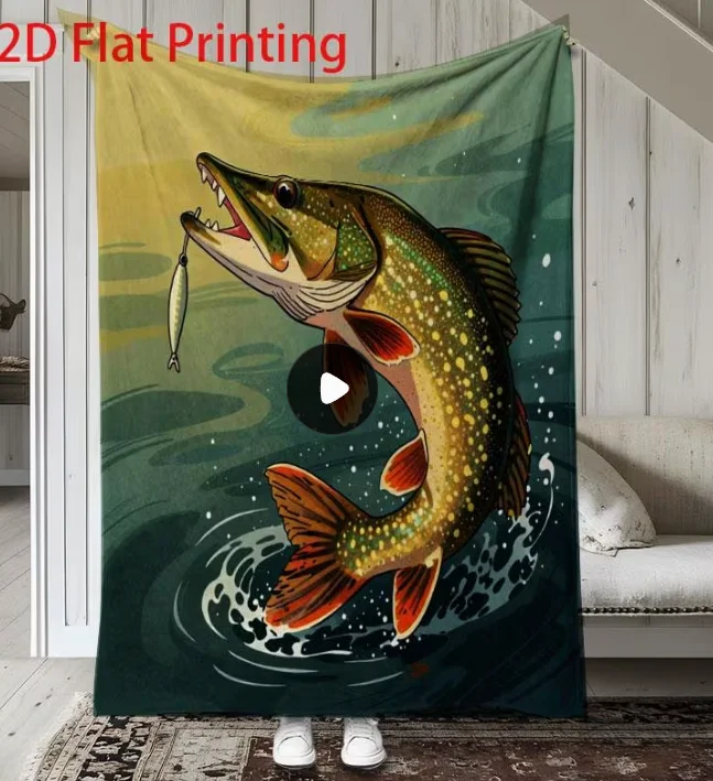 One Fishing Blanket Featuring A Lifelike Fish Design in Green Blue and Orange This Soft Flannel Throw Is Perfect for All Seasons