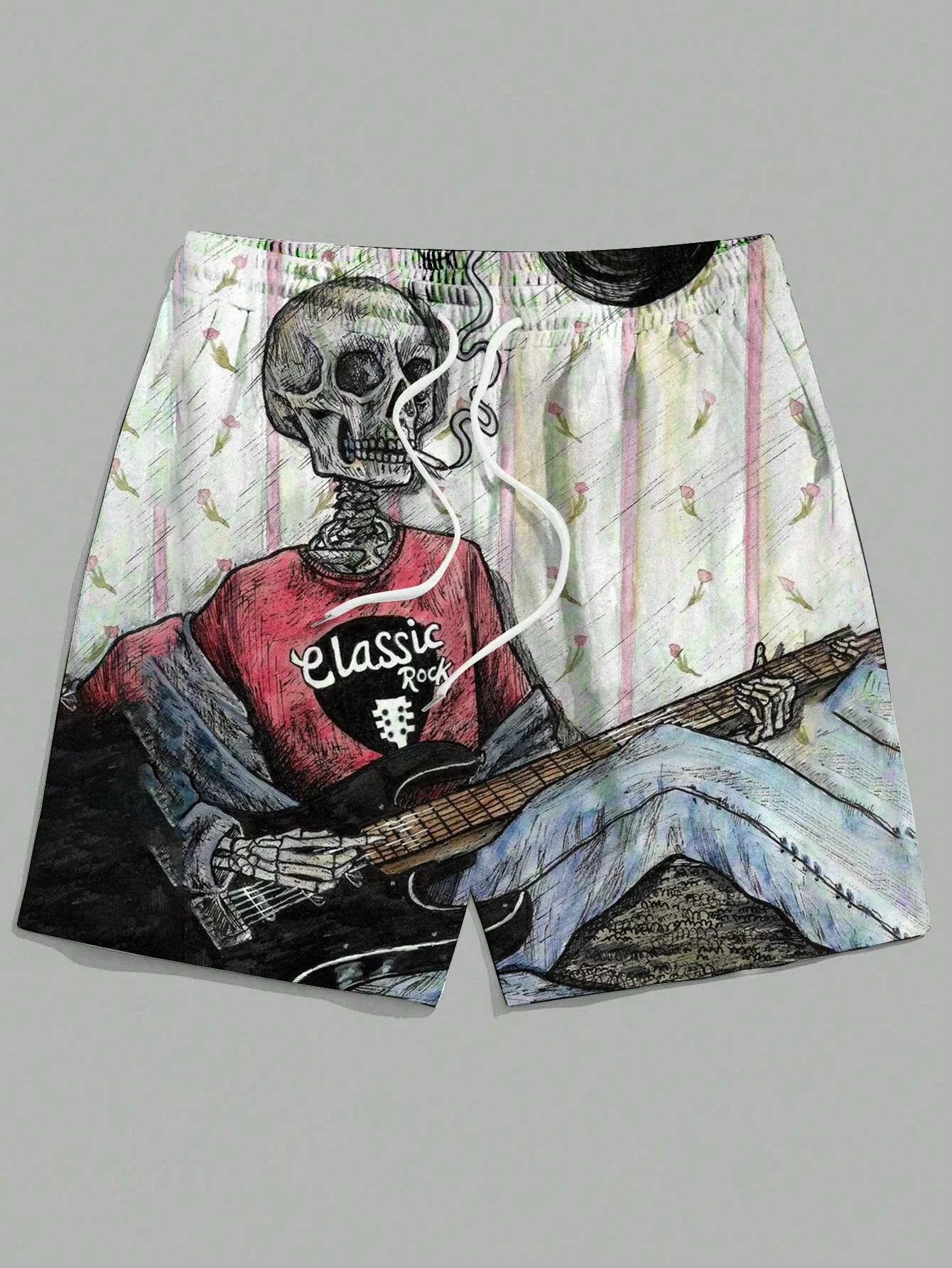 New men\'s summer loose casual shorts 3D skull man playing guitar print Harajuku street hip-hop shorts Hawaiian beach shorts