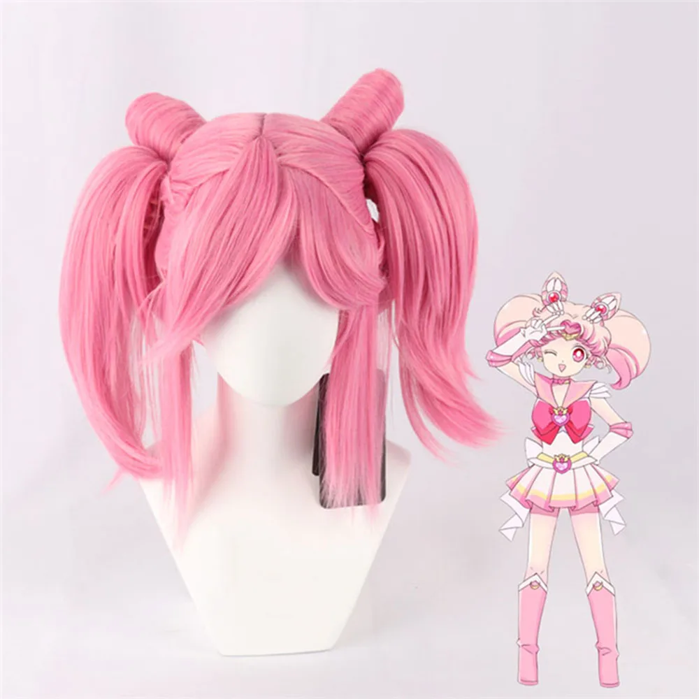 High Quality Sailor Chibi Usa Chibiusa Wigs Short Pink With Ponytail Clip Heat Resistant Synthetic Hair Cosplay Wig + Wig Cap