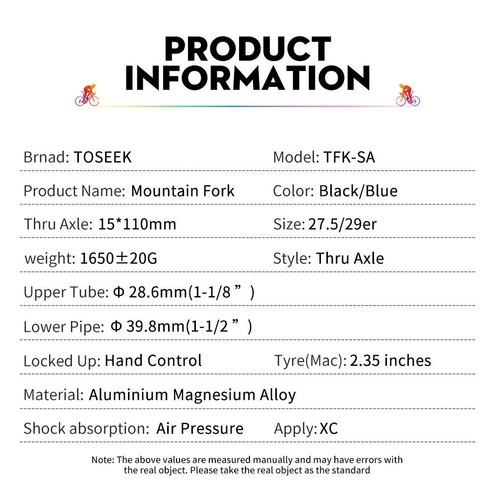 TOSEEK TFK-SA Thru Axle Magnesium Alloy MTB Bicycle Fork 27.5/ 29er Inch Mountain Bike RL120mm Air Suspension Fork