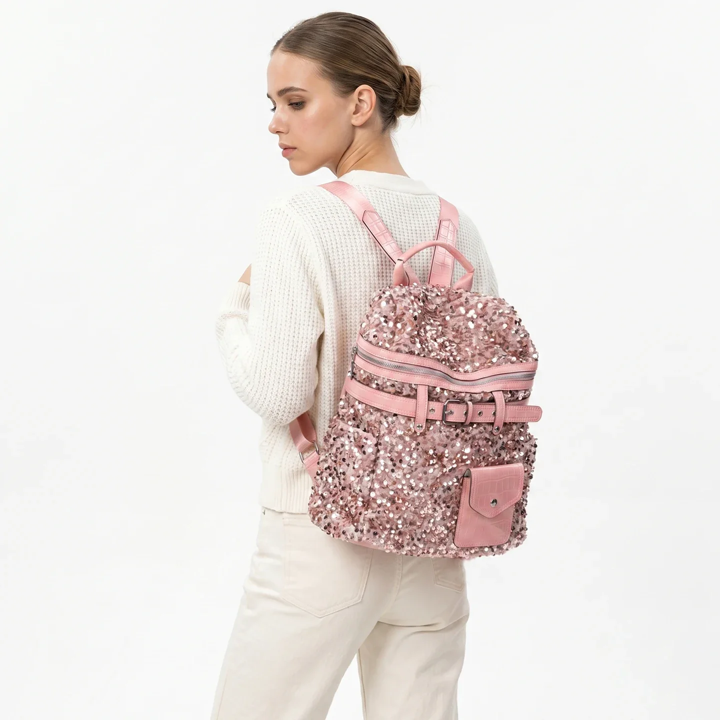 New Arrival Women Backpack Sparkling Sequin Decor Pink Shiny School Bag Ladies Casual Fashion Matching Daily Backpacks Girls