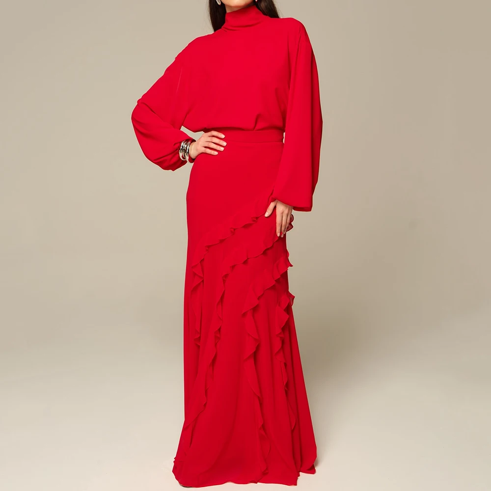 Customized A-line Evening Dresses Floor-length High-neck Full Sleeve Prom Gown Fashion Ruched Simple Draped Casual Party Gown image 4