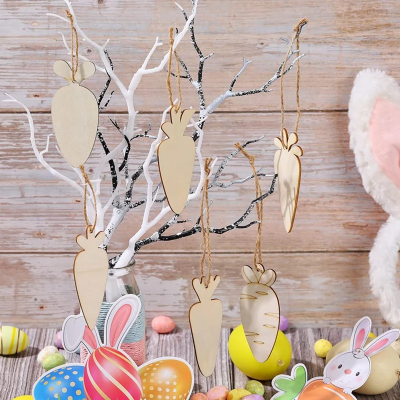 96PCS Easter Wood Cutouts Set Carrot Wooden Hanging Ornaments Unfinished Blank Carrot Shaped Wood DIY Craft Cutouts Kit With Tag