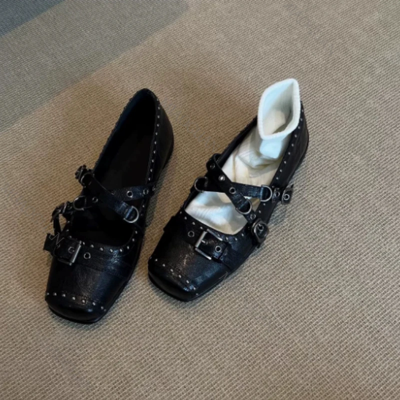 Damen Ballerinas mit Schleife, Modische Eckige Spitze, Nieten-Loafer, Neue Designer Flats, Lässige Ballerina-Schuhe
