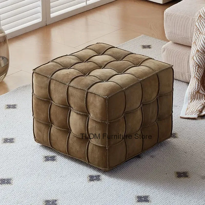 Ottoman Block Minimal Hand Stool, Square Tufted Stitched Padded Upholstered Footrest Grid Cube Accent Seat for Living Room
