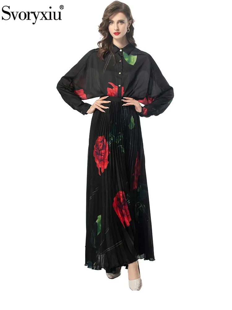 

Svoryxiu Runway Fashion Spring Summer Floral Print Half Skirt Suit Women's Turn-down Collar Lantern Sleeve Shirt + Pleated Skirt