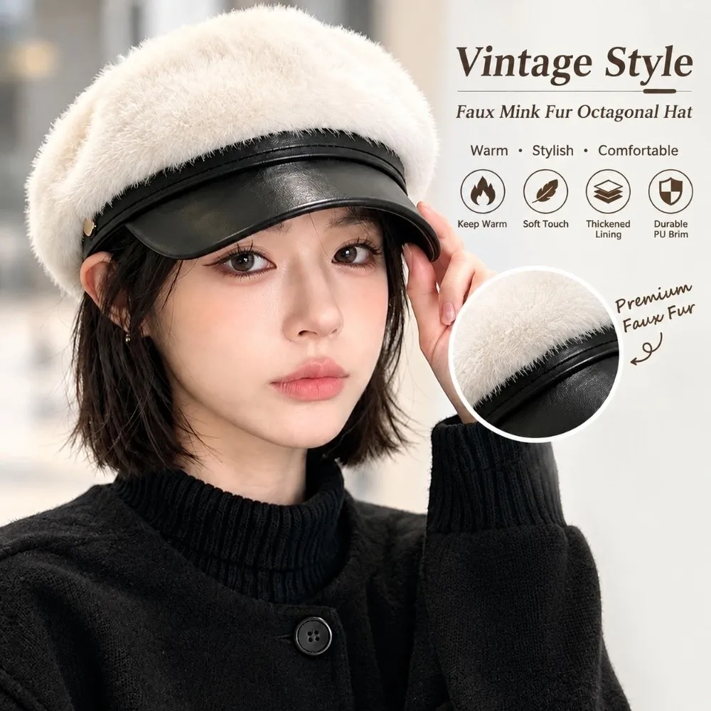 Soft Touch Faux Mink Fur Newsboy Cap Adjustable Octagonal Shape Beret Cap PU Brim Faux Fur Hat Winter Daily