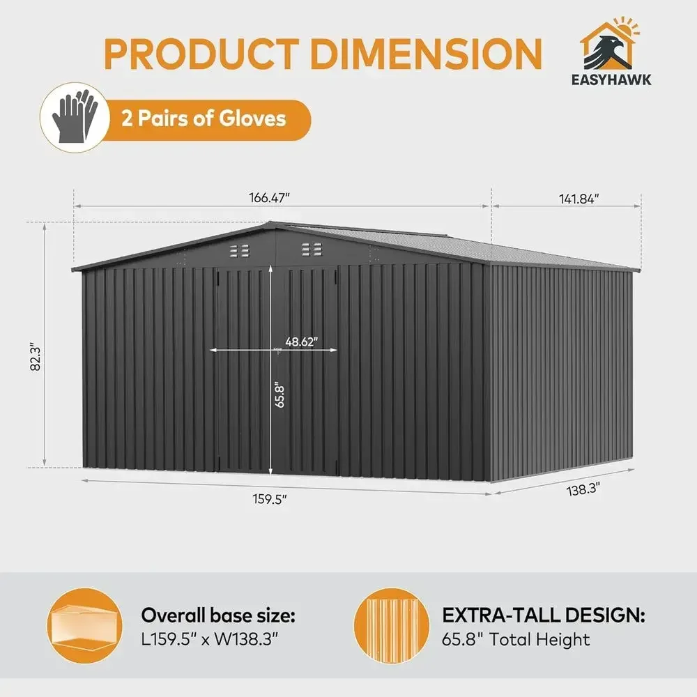 12x14 ft Outdoor Metal Storage Shed - Waterproof Garden Utility Shelter with Lockable Door for Bikes, Tools, Lawn & Garden Use -