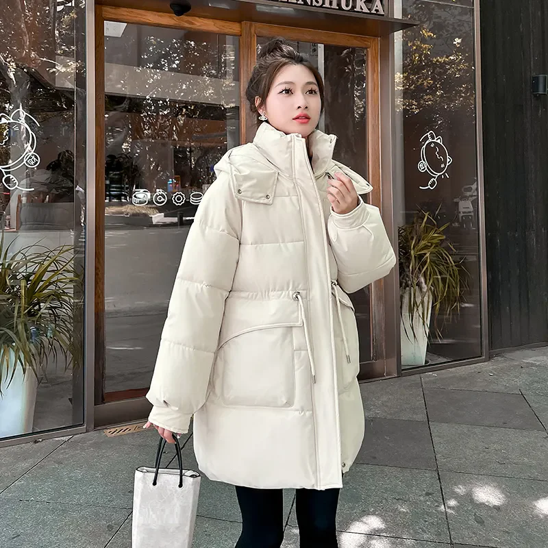 Winter Women Loose Mid Length Thick Warm Cotton Padded Coat Women Pink Hooded Long Sleeve Big Pocket Cotton Parkas Jacket Female