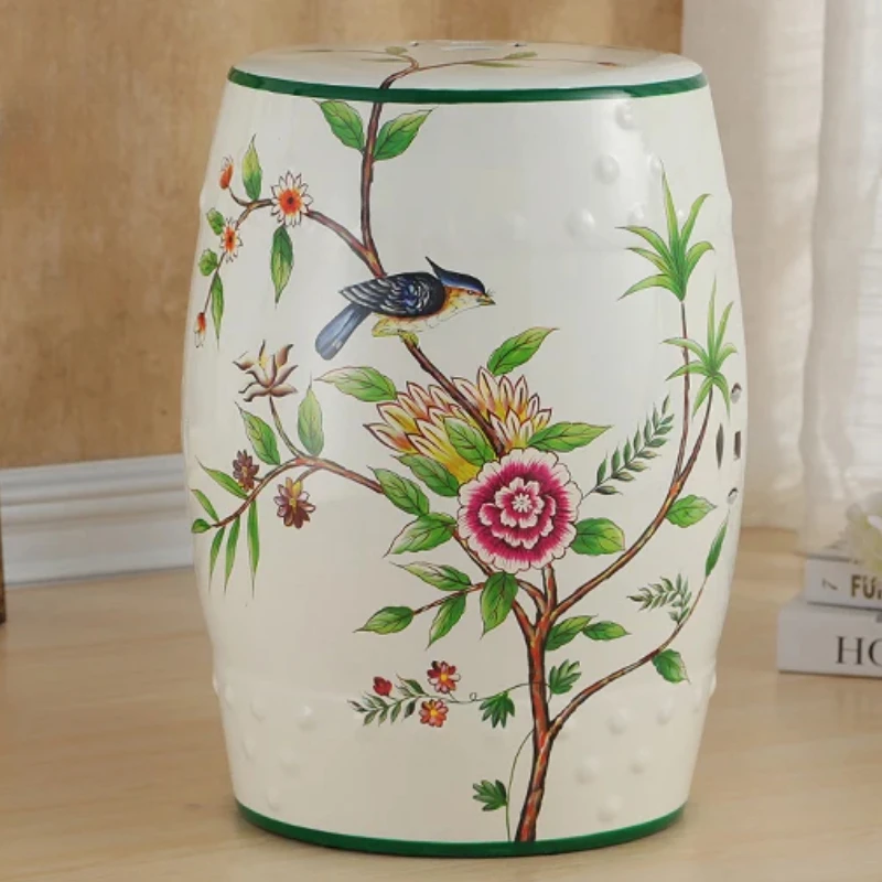 السيراميك الغرور البراز حذاء البراز زهرة الطيور طبل البراز الخزف الرصيف المطرزة العثماني ديكور المنزل H45X28cm