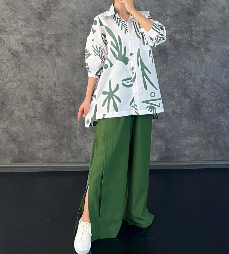 Vivid Girl Casual Long Sleeved Printed Shirt and High Waisted Split Wide Leg Pants Set for Quick Hair