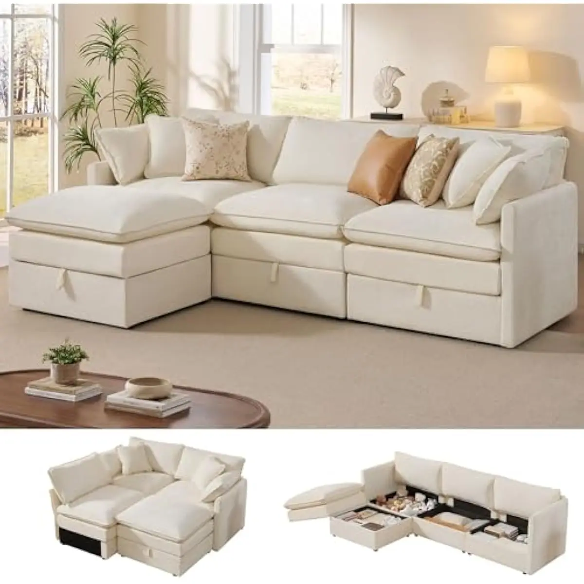 103-inch L-shaped modular sectional sofa with concealed under-seat storage compartments, deep 25-inch chenille seating, dual-lay