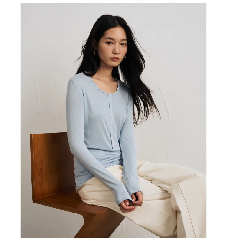2026 Damen Herbst Dünne Basic Langarm T-Shirts O-Ausschnitt Gestrickte Lyocell-Wollmischung Pullover Lässige Oberteile für Damenmode – Detail 11