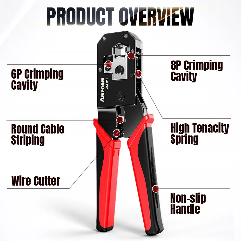 AMPCOM RJ45 Crimper Lan Tester Tool Set Ethernet Cable Stripper Punch Down Tool RJ 45 RJ11 Connector Network Cabling Repair Set