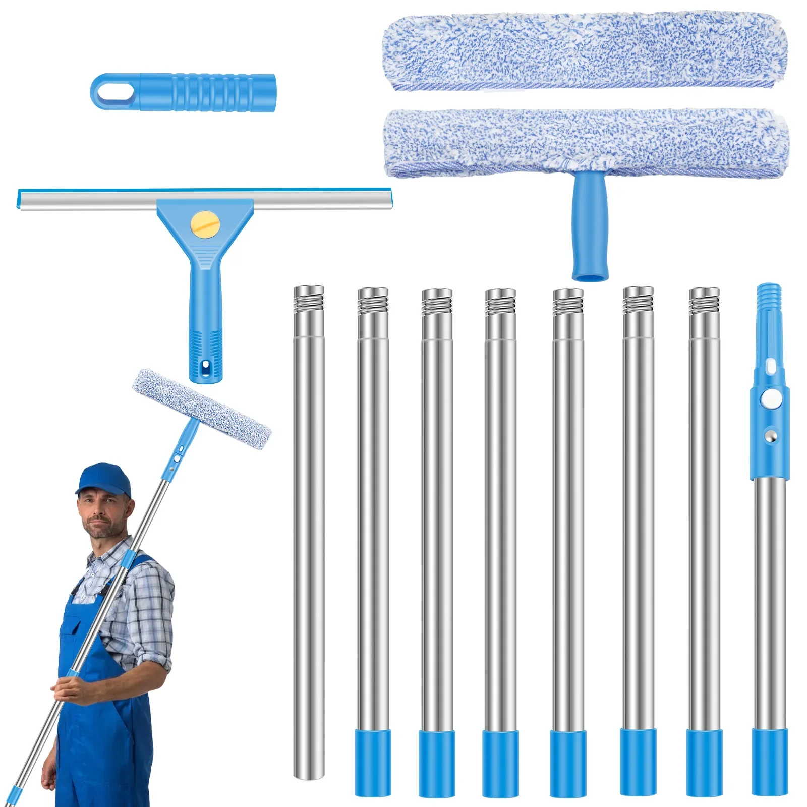 Erweitertes Fensterreinigungsset mit Abzieher und Mikrofaser-Schrubber, Langstieliger Glasreiniger, Fensterputzwerkzeuge