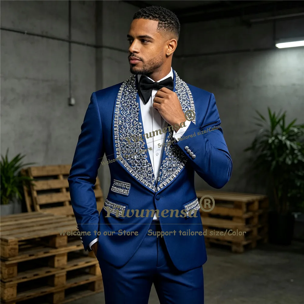 Man Royal Blue Tuxedo Suit Set For Wedding Sliver Diamond Beaded Lapel Prom Blazer Customized Groom Business Party Attire Luxury