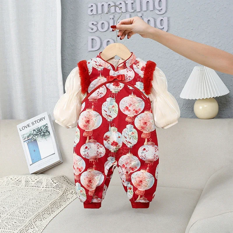 2024 Newborn Baby Girl One-Pieces Winter Clothes New One-Fleece-Lined Jumpsuit for Kids Children's Red Climbing Suit Clothing