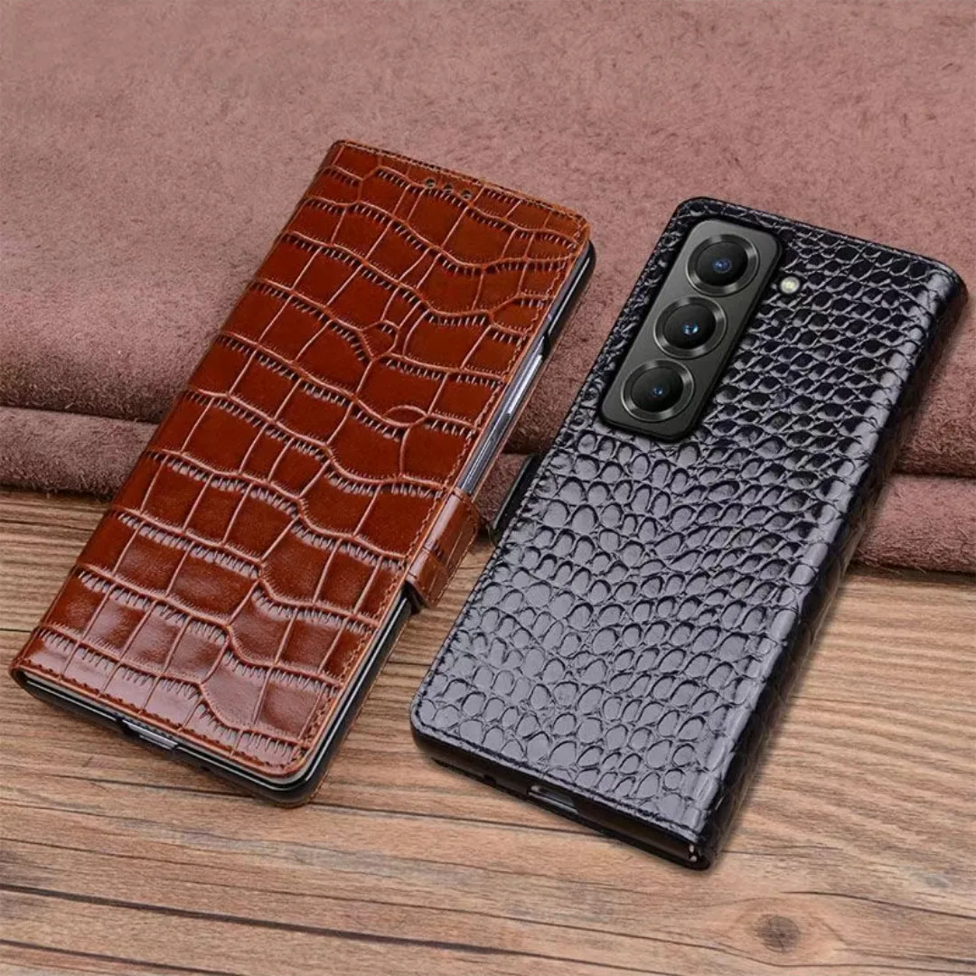 

Genuine Leather Magnetic Flip Case for Samsung Galaxy Z Fold SE 6 5 Special W25 Crocodile Alligator Grids Grain Cover