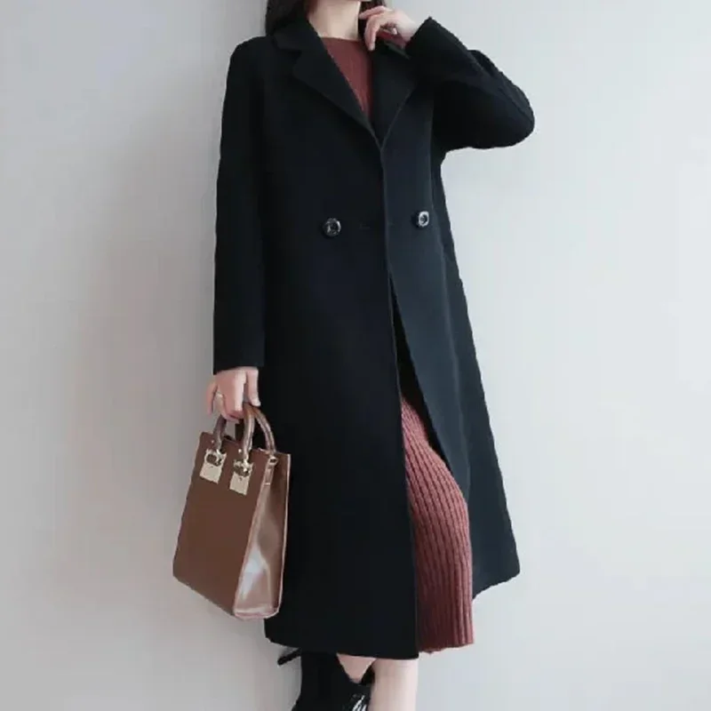 2024 Autumn Winter Women Retro Korean Style Loose Mid-Long Coat Jackets Lady Fashion Casual Outside Daily Thermal Woolen Coat