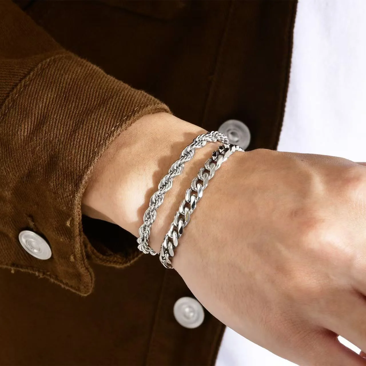 2pcs Men's Chain Bracelets,Stainless Steel Silvery Golden Black Color Twist Rope Chain Wristband,Trendy Cuban Link Chains Gift image 3