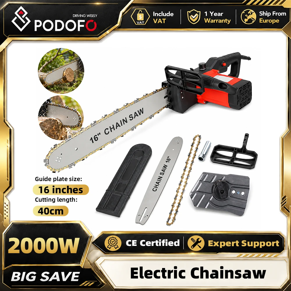 Podofo 16-Zoll-Elektrokettensäge, 2000 W, 800 U/min, hohe Geschwindigkeit, große Kettensäge, Haushalts-Kettensäge zum Schneiden von Kunststoff und Metall, Gartenwerkzeug, kabellose Kettensäge zum