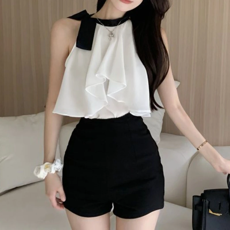 Ruffles Blouses Women Sleeveless Elegant Panelled Summer Vacation Halter Mujer Minority Off Shoulder Casual Aesthetic Sexy Daily