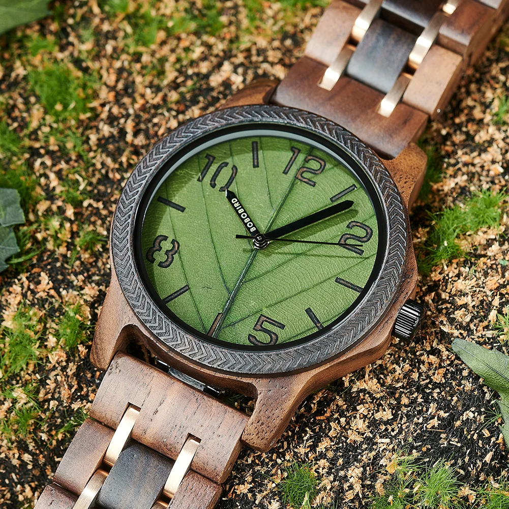 Men\'s Wood Watch with Genuine Leaf BOBO BIRD Watch for Men Bois Natural Handmade Watches Wooden Custom Gift for Anniversary