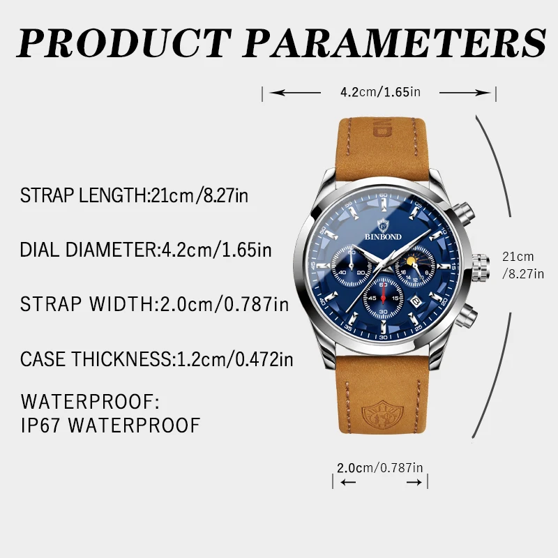 BINBOND الأعمال الفاخرة مقاوم للماء مضيئة تاريخ الأسبوع الرجال ساعة للرجال كوارتز ساعة جلدية B378 رجل ساعة اليد ساعات رجالية