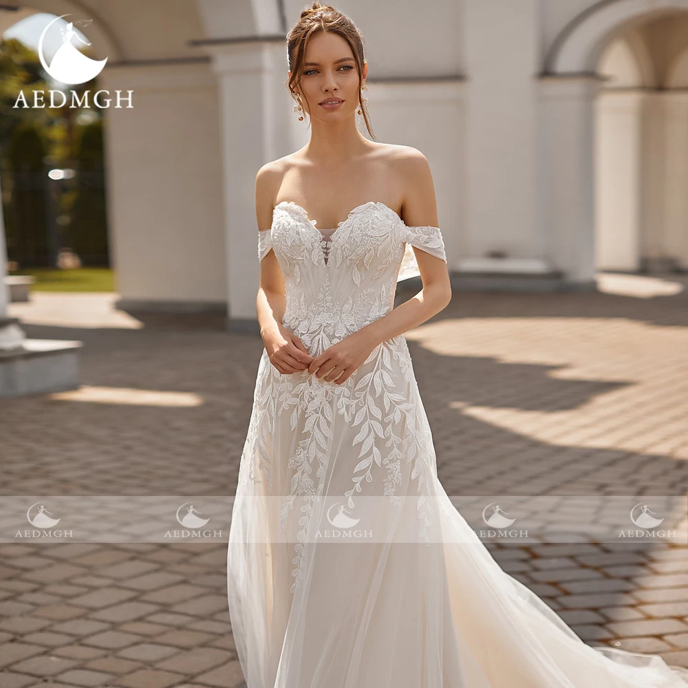 Aedmgh Boho Wedding Dresses 2024 Sweetheart Off The Shoulder Vestido De Novia A-Line Court Train Appliques Beaded Robe de mariee