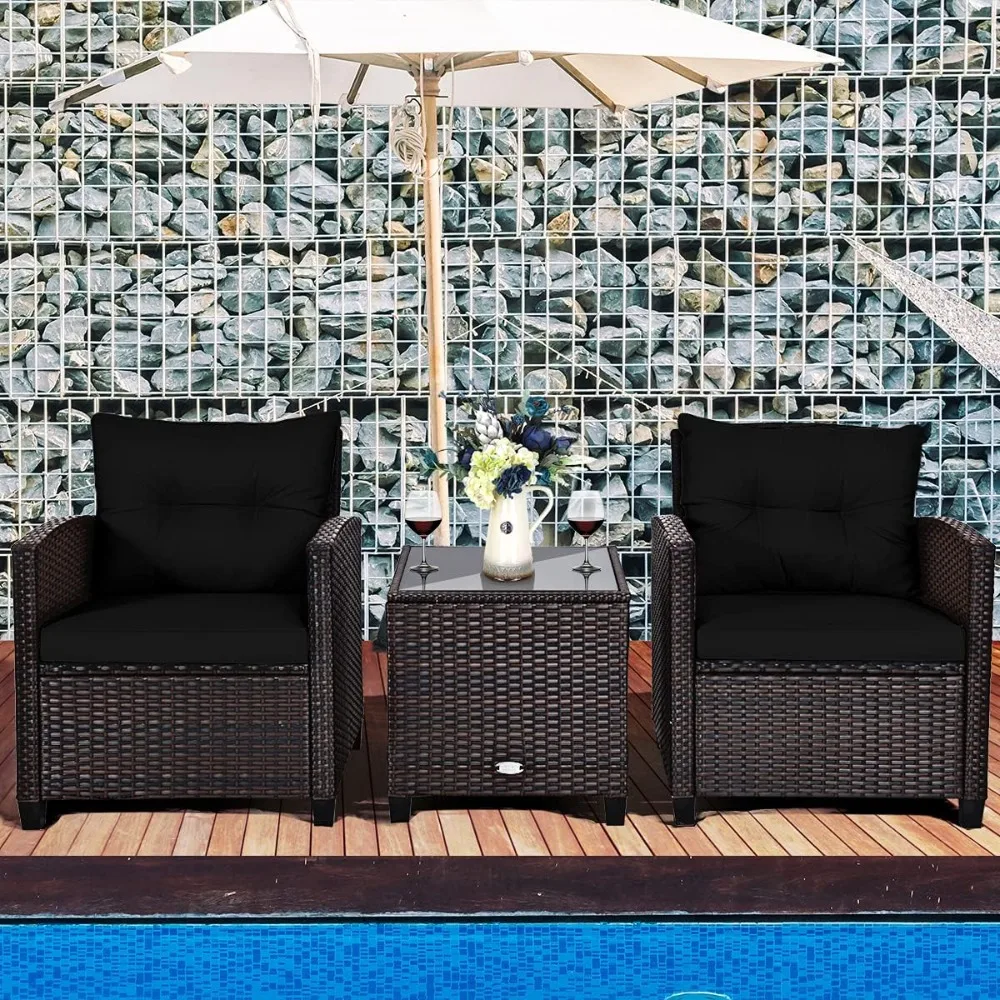 

3-piece terrace furniture set, outdoor conversation set with washable mat and tempered glass tabletop, PE rattan