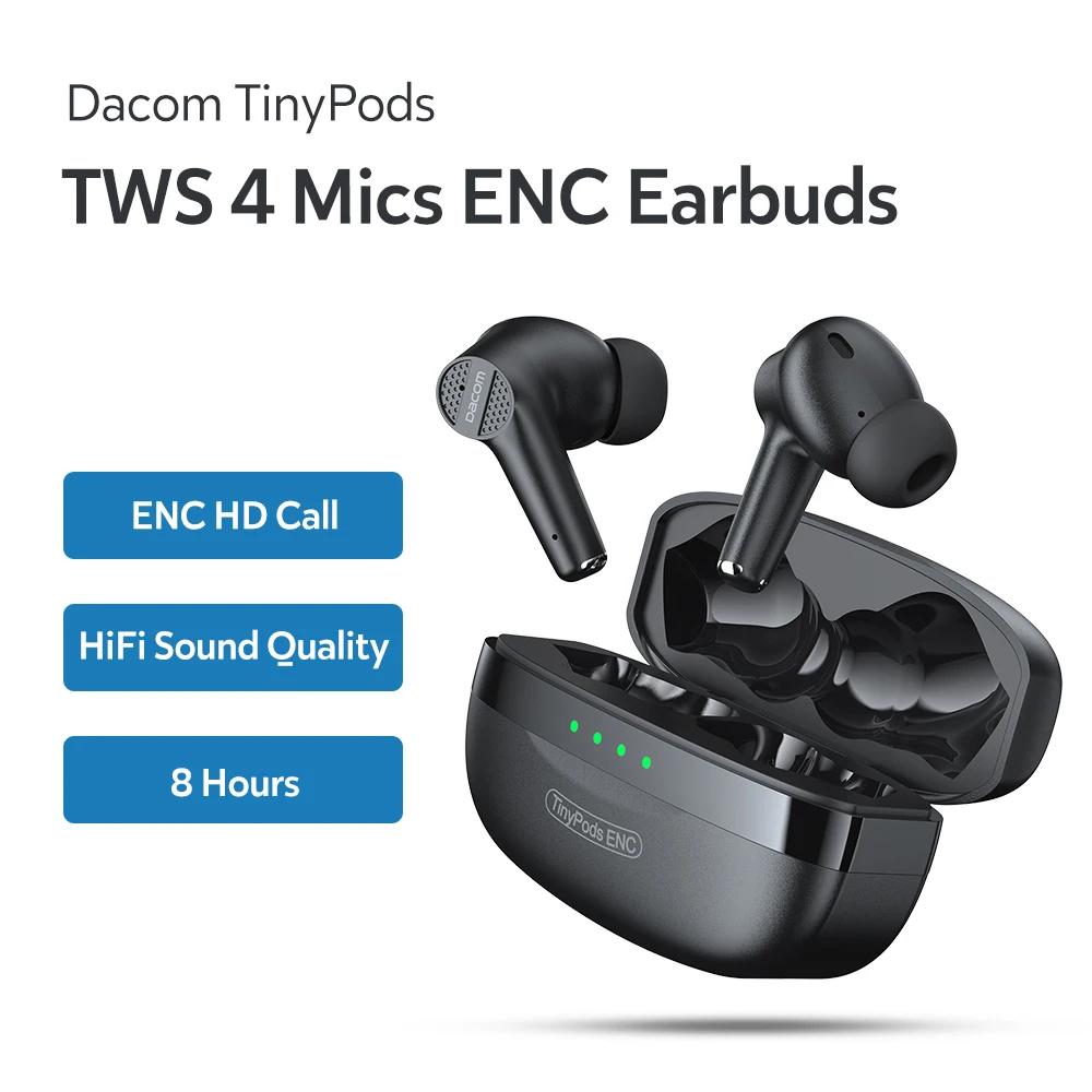 

New DACOM TinyPods ENC Noise Cancellation Earphones TWS Bluetooth 5.0 Earbuds Bass True Wireless Stereo Headphones AAC Type-C