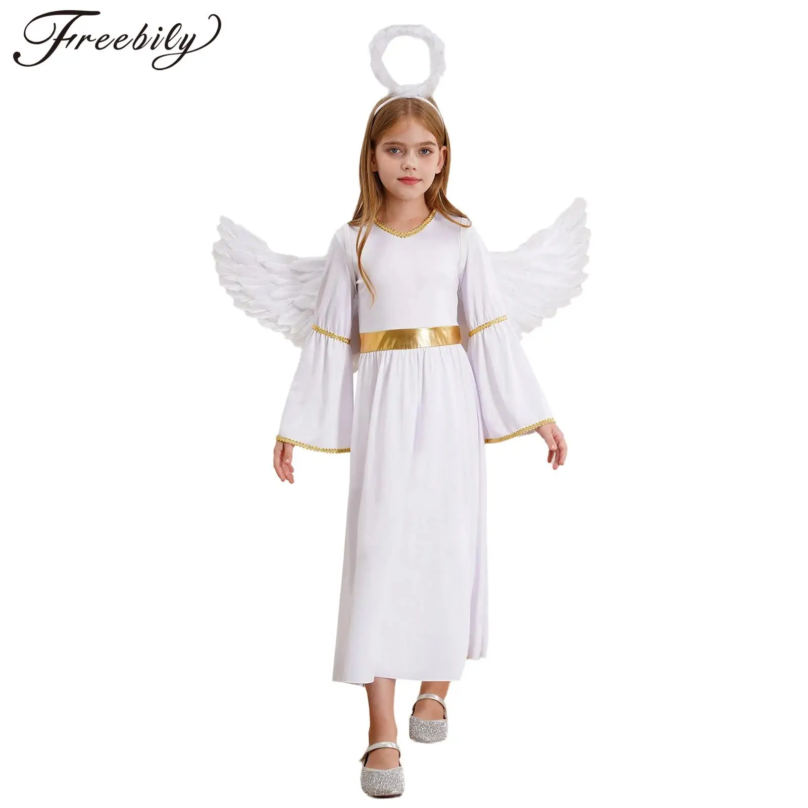 Angel Costume for Kids Girls Angel Long Sleeve Gold Trim Gown Dress with Angel Wings Feather Hairband Halloween Cosplay Dress Up