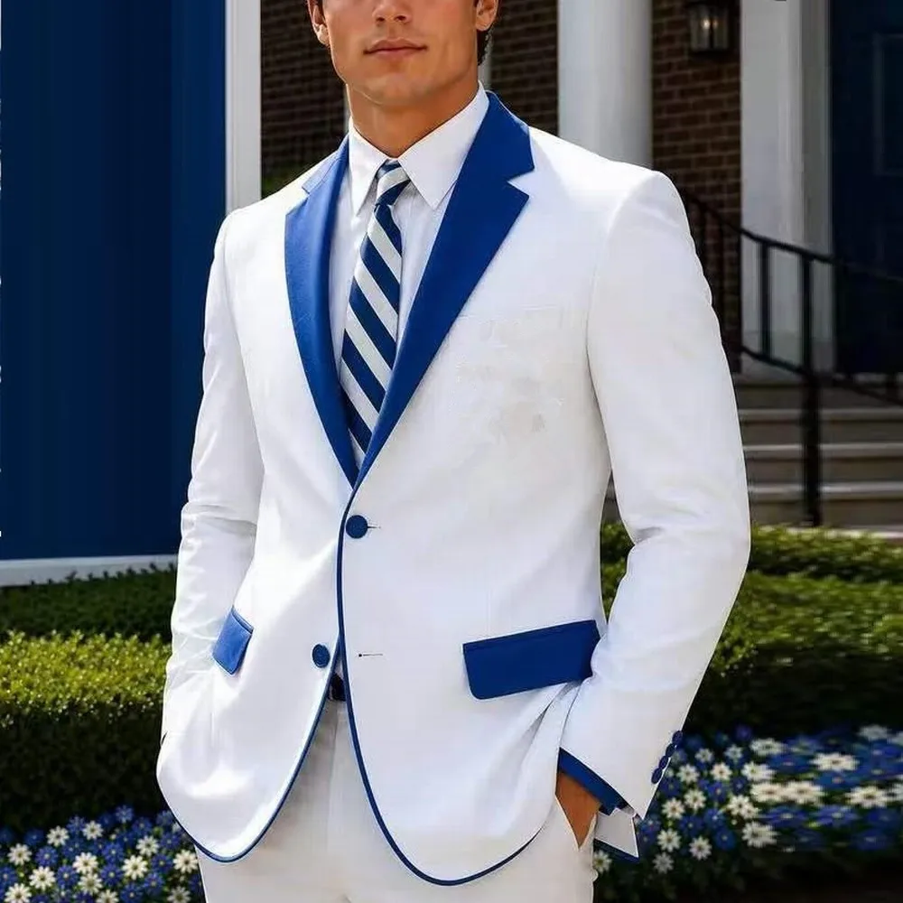 Blue Collar White Men Suit Formal Occasion Groom Groomsman Wedding Party Prom Male Business Tuxedos 2 Piece Blazer Pants