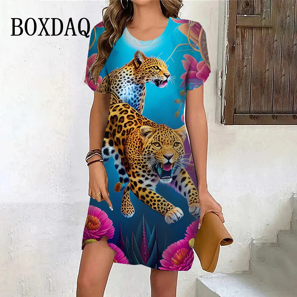 Tiger Graphic Dresses For Women Casual 3D Print Vintage Dress Female Fashion Short Sleeve Plus Size Dress 2024 Summer Clothes