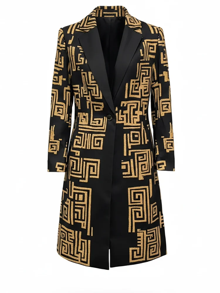 Modigirl 2026 ربيع جديد المرأة خمر ميدي طول معطف الحضرية العصرية الذهبي متعرج طباعة سترات طويلة جيوب الإناث #2