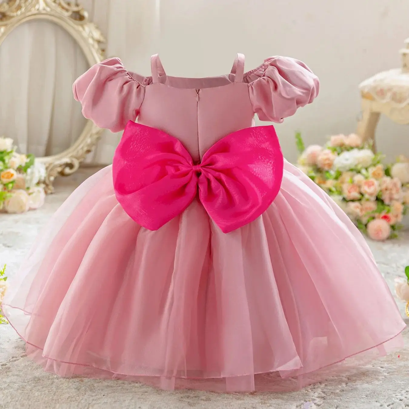 

HETISO Big Bow Soft Satin Tulle Sling Lace Wedding Party Princess Baby Dresses Kids Princess Gown 3-7 Years