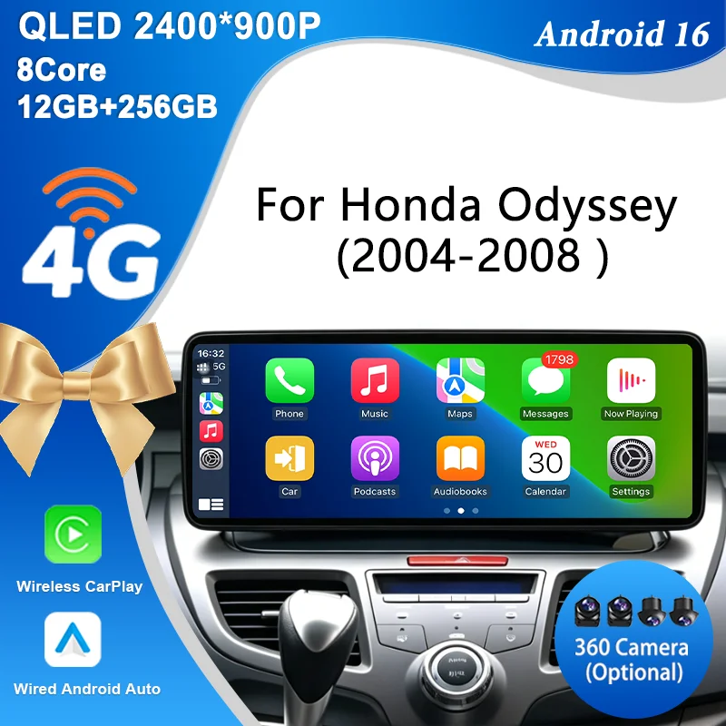 Radio Multimedia para Auto Android 16 de 12.3 Pulgadas para Honda Odyssey 2004-2008, Reproductor con GPS, Navegación, Bluetooth, WiFi, Pantalla Táctil HD IPS, DSP, Unidad Principal Completa