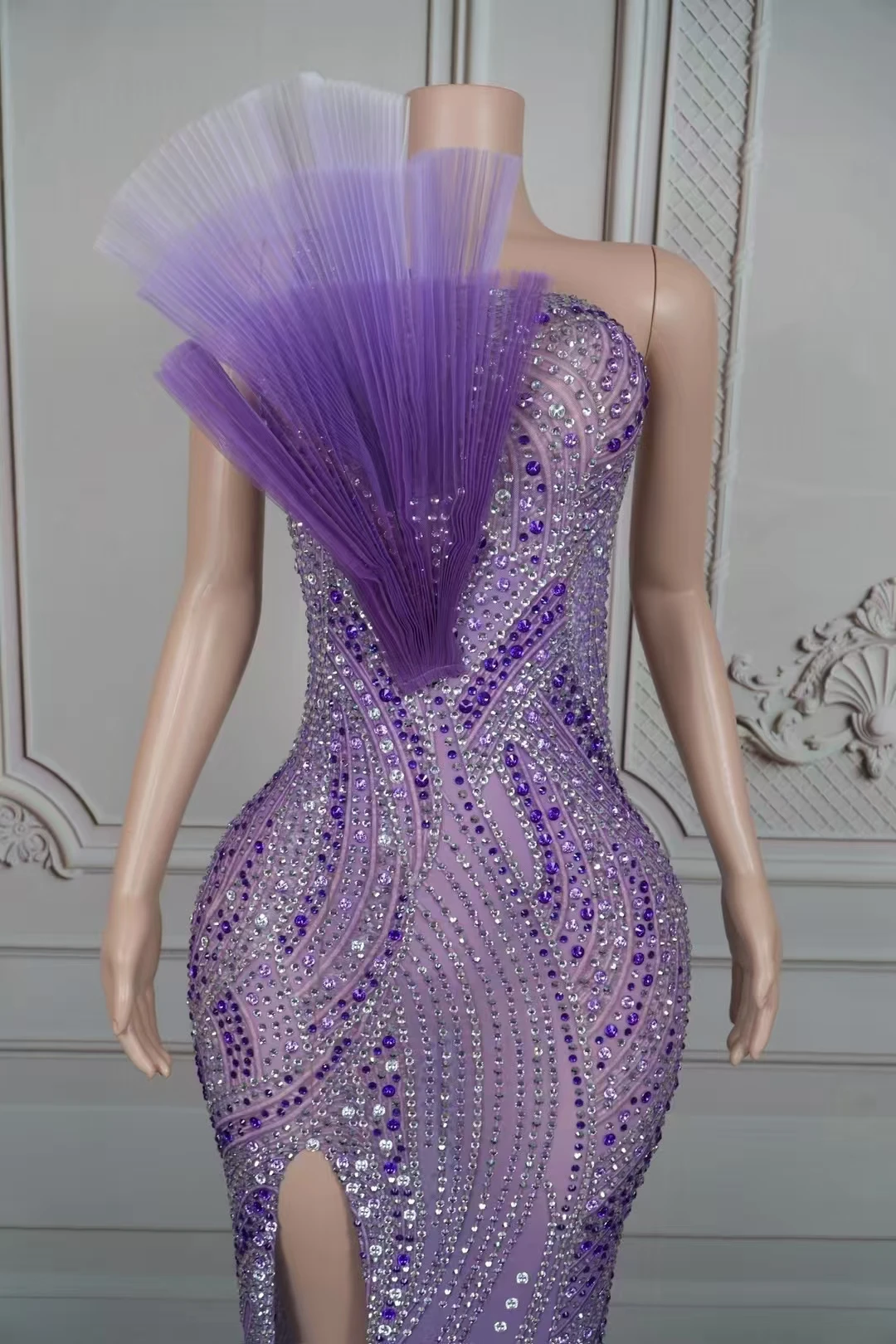

Purple Diamond party dress Rhinestones OneShoulder Long Dress Elegant Transparent CelebrateEvening Birthday Photo Shoot D198