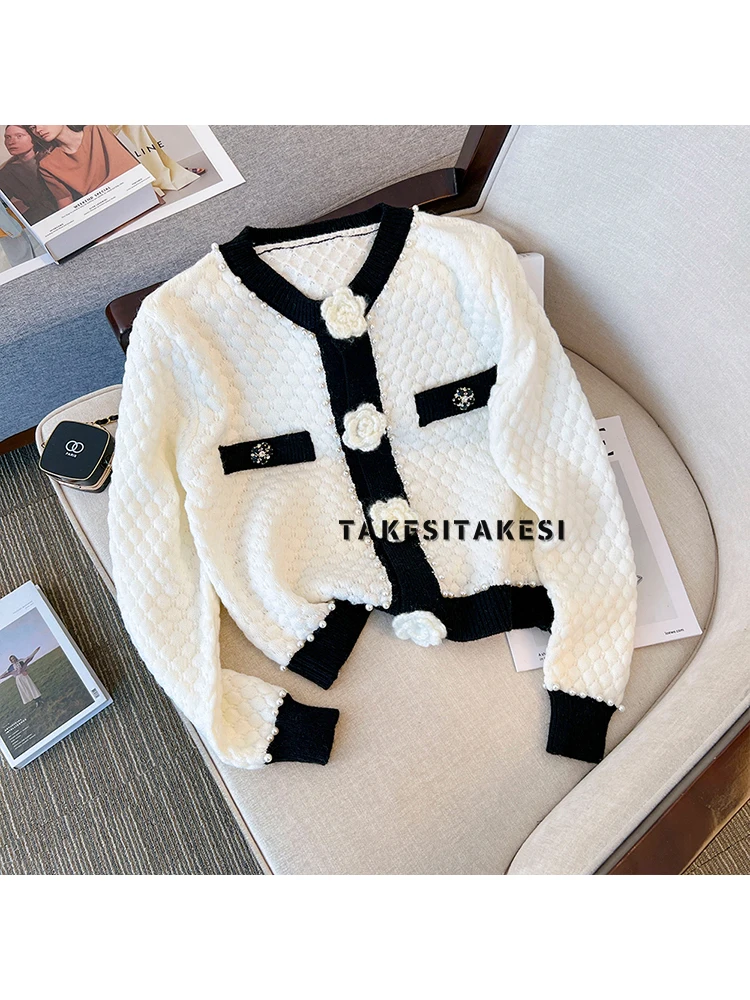 2022 High-end Loose Cropped Cardigan Sweater Rose Flower Beaded  Jacket Women Autumn and Winter  Short Knitted Coat Top Y2k