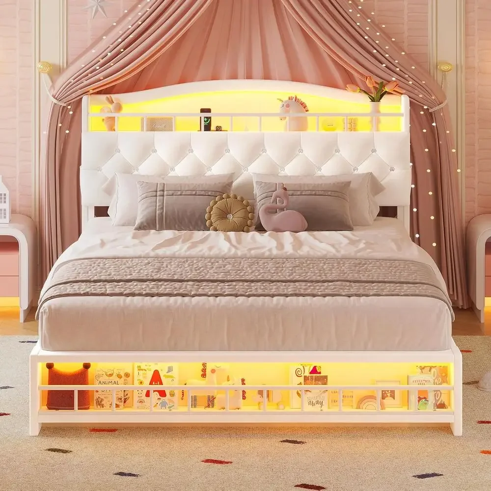 

Бежевая бархатная кровать-платформа принцессы со светодиодной подсветкой, зарядной станцией и ограждением — коробчатая пружина не требуется