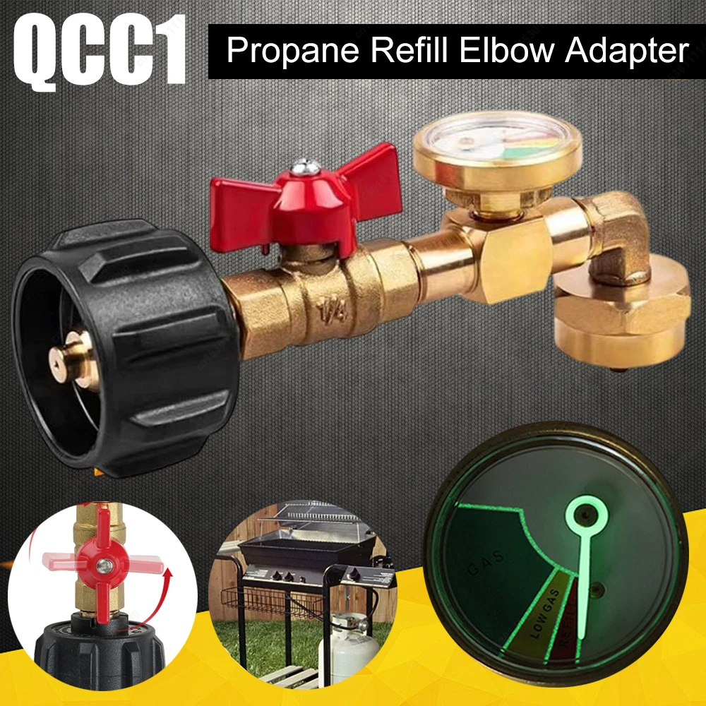 

QCC1 Адаптер локтя для заправки пропана с манометром и регулирующим клапаном ВКЛ-ВЫКЛ Адаптер давления для заправки пропана Наполните баки 1 фунт