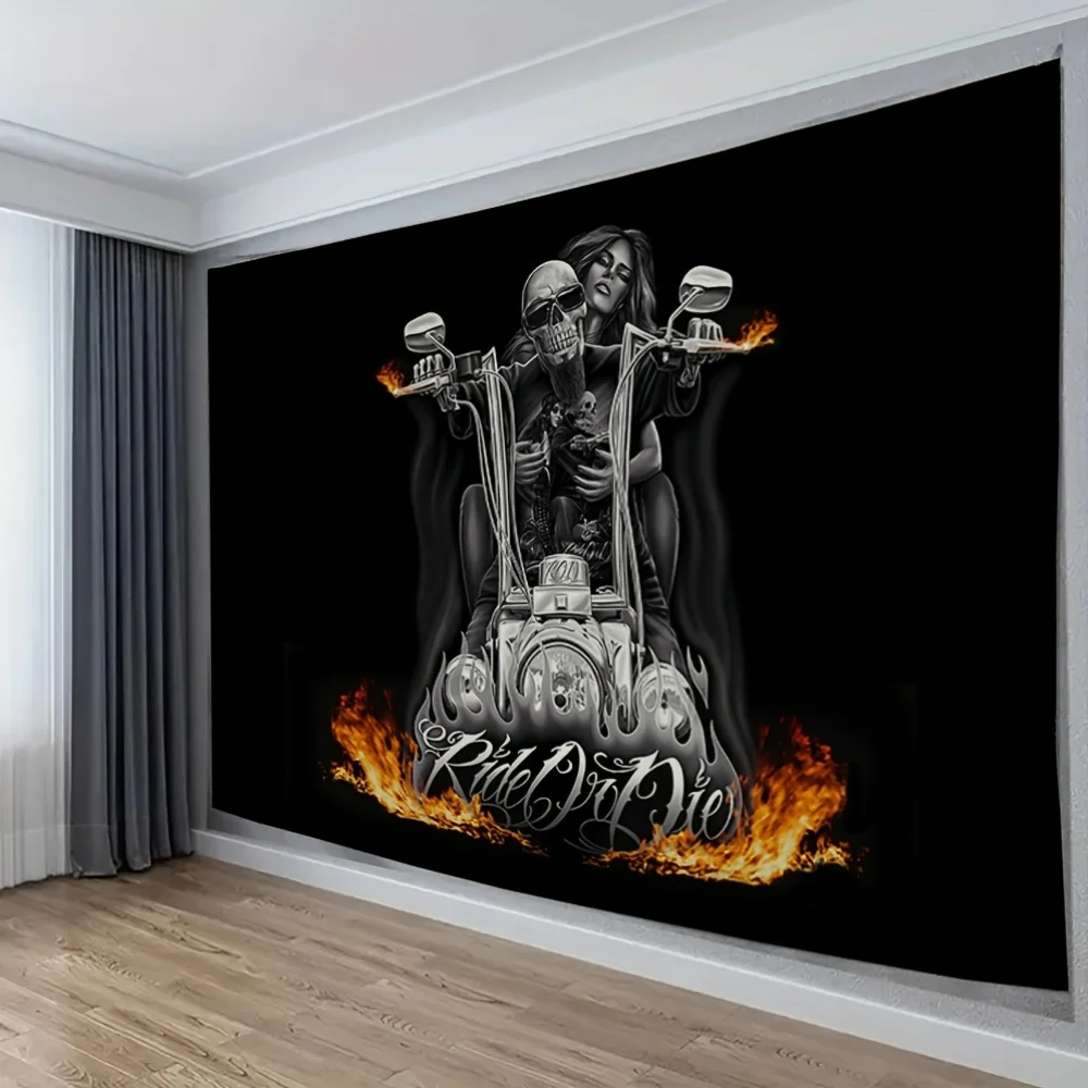 VIKAMA Skull Knight Motorrad Wandteppich Flaming Motorrad Thema Bar Retro Industriestil Wohnzimmer Dekor
