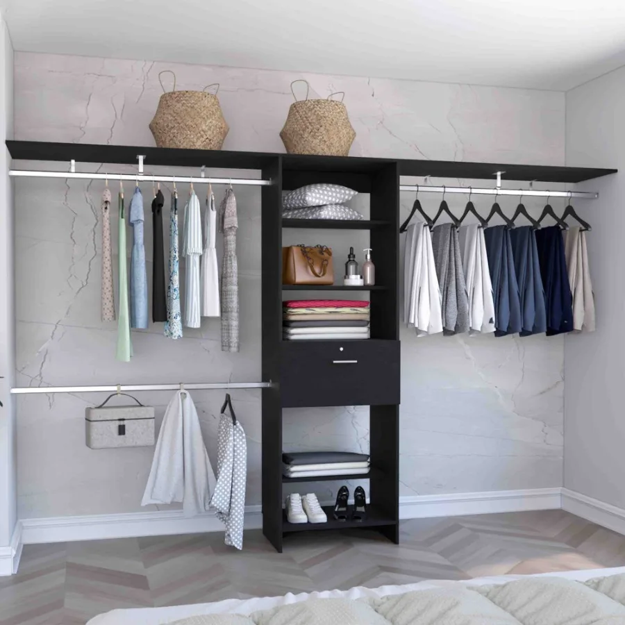 

Zamora Closet System Three Hanging Rods Five Shelves One Drawer