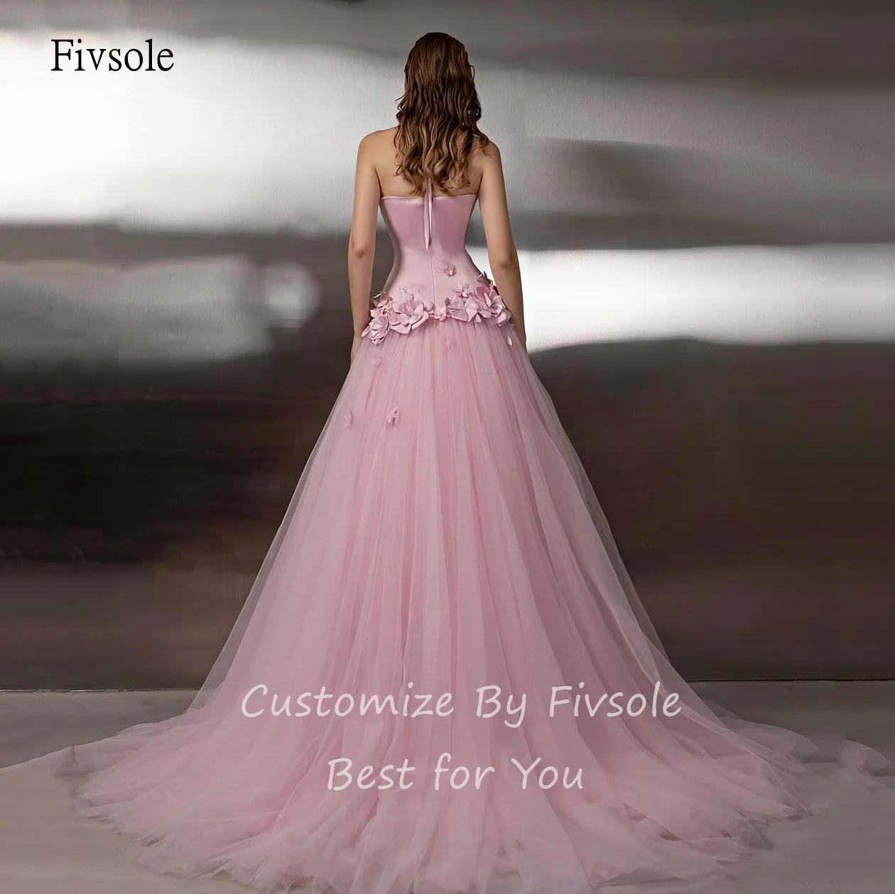 Fivsole أنيقة الوردي الزهور الرسن ألف خط الحفلة الراقصة عارية الذراعين حزب ثوب الطابق طول مساء اللباس مخصص #2