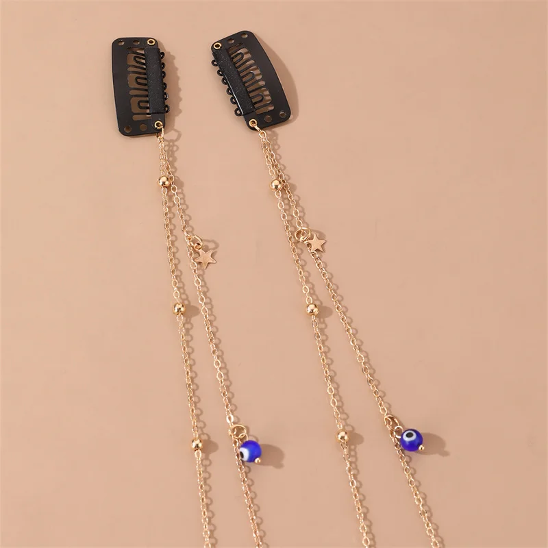 2pcs/set Blue Bead Chain Side Hair Clip – Flowing Round Bead Tassel Barrette for Boho & Daily Wear.