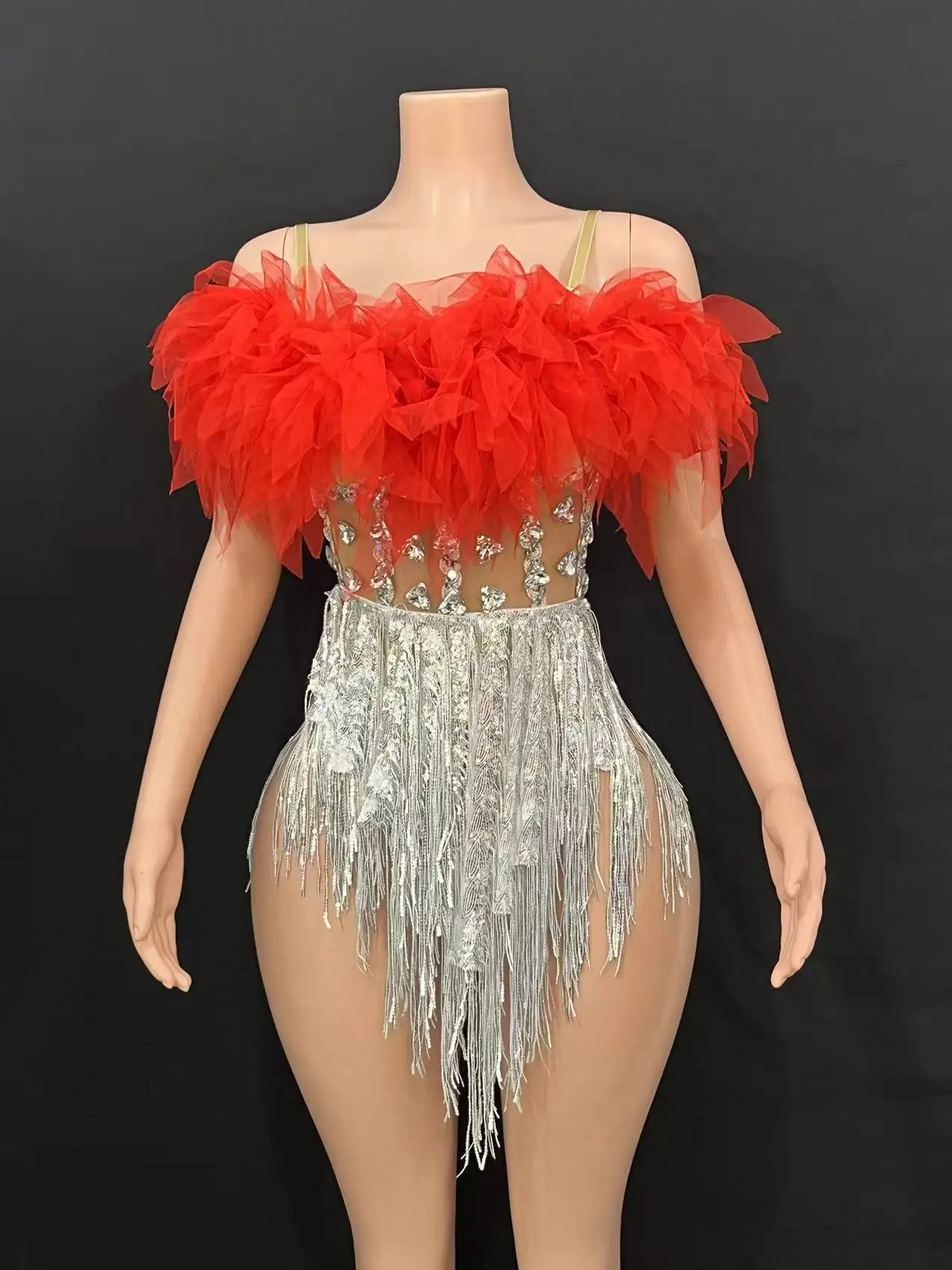 Europäisches und amerikanisches sexy Bühnen-Laufstegkleid, Gaze-Perspektive, Brustumwickel, Hüftrock, Party, Bar, Disco, Tanz, Abendkleid 5