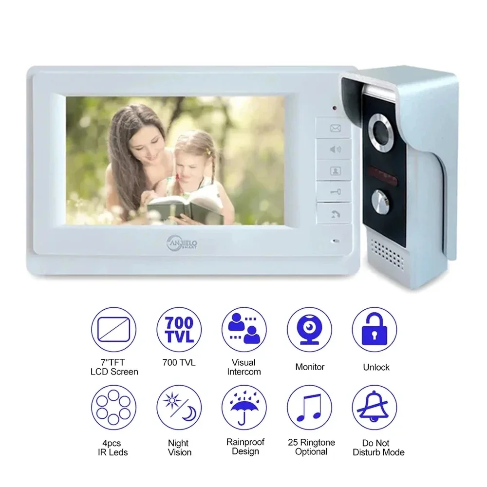 Anjielosmart 7-Inch Monitor Wired Intercom in Private House Video Door Phone for Home Security Protection System Doorbell Camera