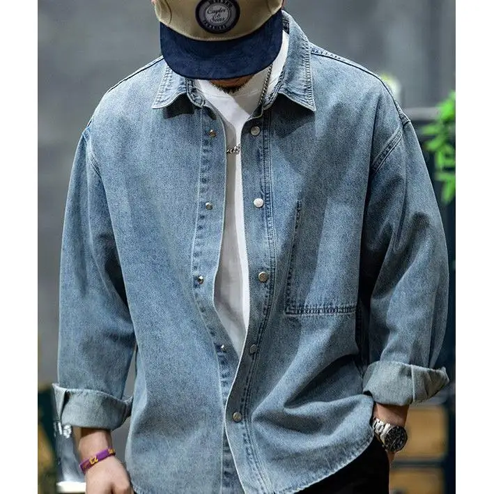 

Мужская повседневная винтажная джинсовая рубашка свободного кроя из полиэфирного волокна для молодежи, весна-осень, трендовая верхняя одежда