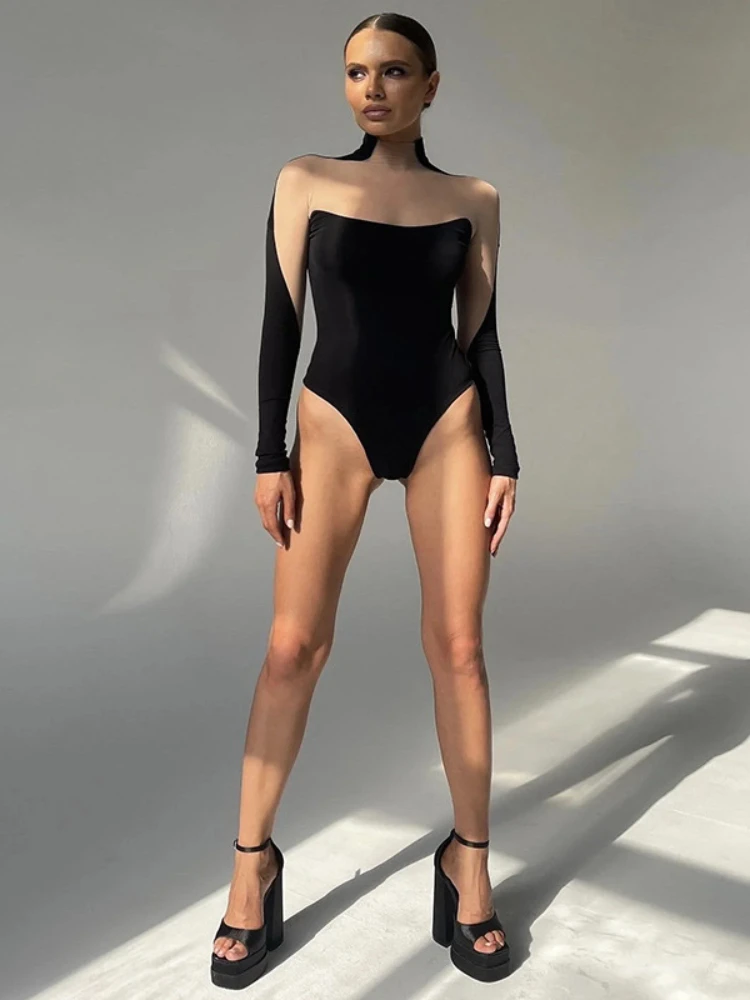 Bodysuit Women Sexy Mesh Top Transparent Turtleneck Festivals Outfits See Through Tops Long Sleeve Tees Sexy Woman Costume